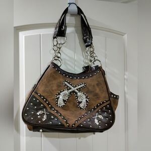 New With Tags Women's Medium Size Brown Leather & Rhinestone Shoulder Bag